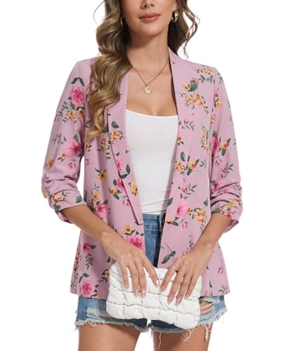 MINTLIMIT Chiffon Blazers for Women Dressy Shawl Collar Blazer Jacket Open Front Casual Fitted Suit Jackets(Floral Pink, M)2