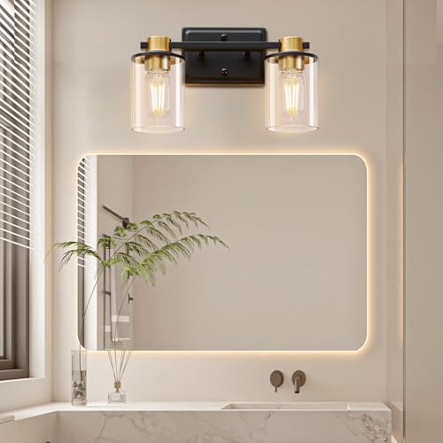 Image of Bathroom Light Fixtures Over Mirror, Gold&Black Vanity Light, Modern Vanity Lights with Clear Glass Shade, Bathroom Light Fixtures with Anti-Rust Metal Frame for Bedroom Washroom Living Room E26 Base