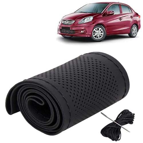 Image of KINGSWAY PU Leatherite Car Steering Cover Sewable Compatible with Honda Amaze (Year 2013-2018), Black Color with Black Thread, Pack of 1 with Sewing Needle and Thread
