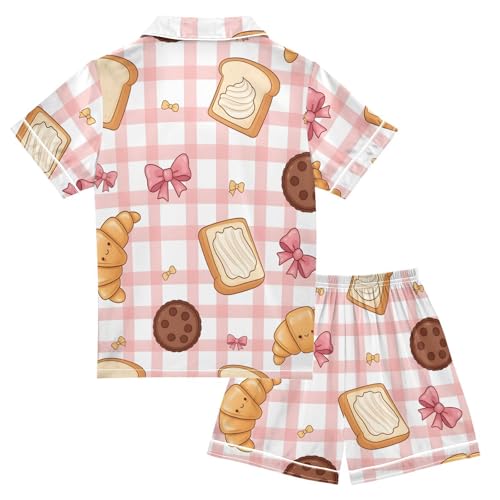 Satin Pajama Sets Short Sleeve Bread Croissant Cookies Butter Pattern Button Down Silky Nightwear 2 Piece PJS 5-14Y2