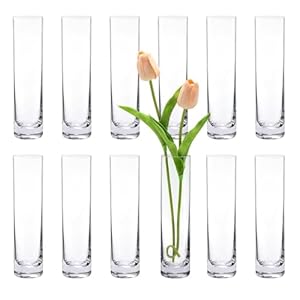 Glass Cylinder Bud Vases for Centerpieces, Set of 12 Clear Small vases,Handmade Slim Flower Vases Wedding Table Decor for Single Rose vases Bulk, Home Aesthetic Desk Decor, Party Decorations,7.5″