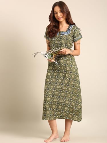 Image of Rupa Jon Aishwarya Women Full Length Printed Nighty in Premium Cotton Blend Fabric, Night Dress, Maxi Nighty for Comfortable Everyday Wear