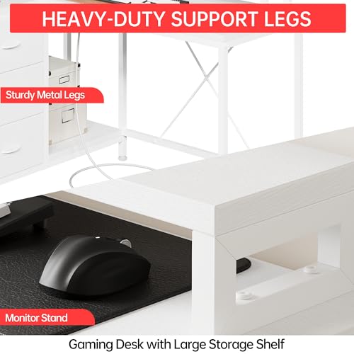 Image of Hetoy L-Shaped Gaming Desk with Power Outlets, Corner Desk with Drawers, Shelves & LED Lights, Computer Desk for Home & Office