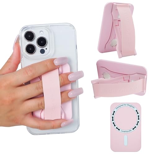 LoveHandle PRO MagSafe Compatible Magnetic Phone Grip w/Kickstand - Mount Strap and Stand for Smartphone and Tablet - MagSafe Ring Included - Fits All Devices - Light Pink