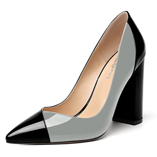 SHOWFOREST Women's Pointed Toe Patent Solid Outdoor Slip On Sexy Block High Heel Pumps Shoes 4 Inch