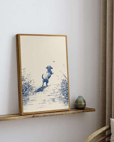 Image of ARPEOTCY Vintage Framed Canvas Wall Art, 12x16inch, Farmhouse Happy Dog Wall Decor, Animal Art Prints Home Decorations, Sketch Paintings for Living Room Bedroom Shelf Decor