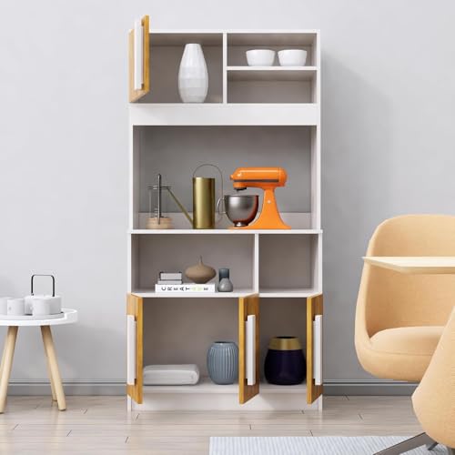 Image of Bniture Multipurpose Kitchen Cabinet | Engineered Wood Crockery Cabinet Modern with 4 Doors & Shelves | Crockery Unit for Dining Area | Kitchen Crockery Cabinet for Home | Frosty White & Giant Wood