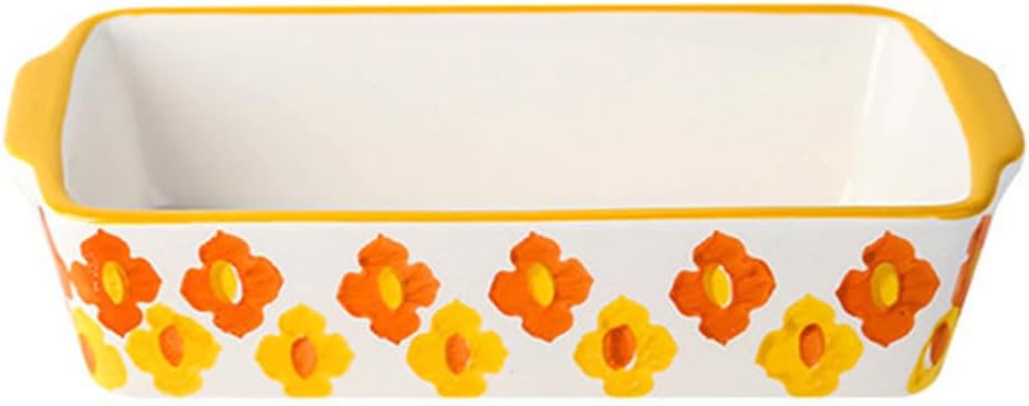 Dxcaicc Lasagne Dish Ceramics Creative Double-Handled Plate Large Capacity Unique Flower Leaf Pattern Repeating Pattern Design Smooth Household Baking Tray,Orange,Rectangular