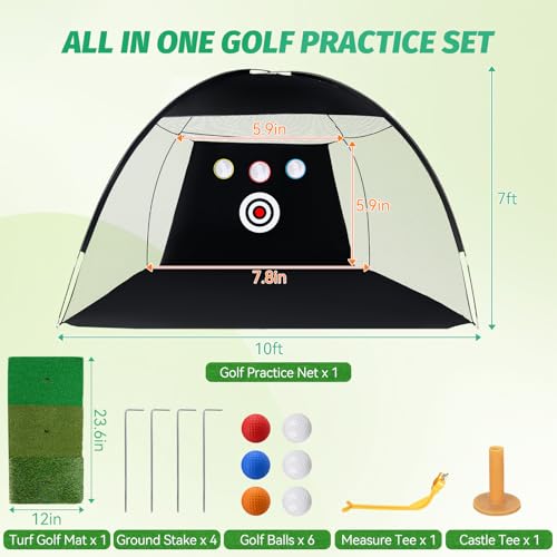 Golf Practice Net for Garden with 6 Balls Swing Correction Trainer Carry Bag Chipping Turf Mat for Backyard Driving Indoor Outdoor Use, 10x7ft - Image 2