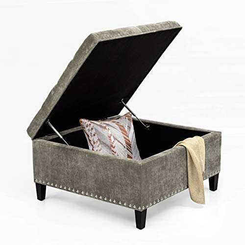 Homebeez Velvet Storage Ottoman Bench, Tufted Square Footstool Footrest With Wood Legs For Living Room (Light Grey) #TOP1