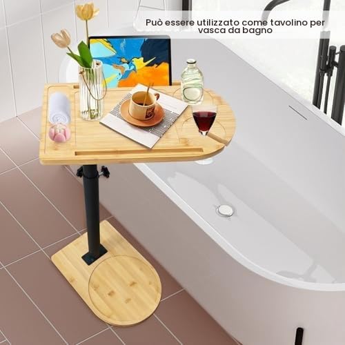 Tavolino Laterale Forma C Bambù Metallo Moderno Altezza Regolabile, Side Table, Tavolino Letto, Tavolino Divano, Tavolino Comodino, Tavolino Cura, per Soggiorno Camera da Letto Bagno