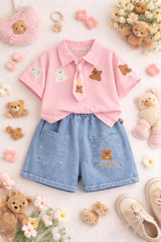 Image of Bold N Elegant Boys Polo T-Shirt and Denim Shorts with Detachable Tie Smart Casual Clothing Set for Kids | Kids Trendy Outfit