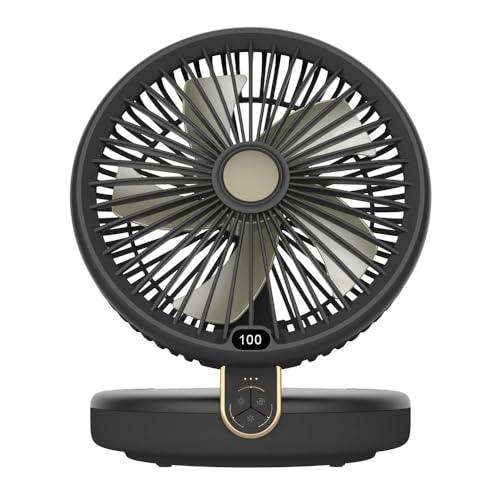 明誠 扇風機 卓上扇風機 壁掛け扇風機 USB充電 4000mAh 風量6段階 5枚羽根 LEDライト 3段階明るさ調節 静音 首振り タイマー機能搭載 最大15時間連続使用 残電量表示 ブラック