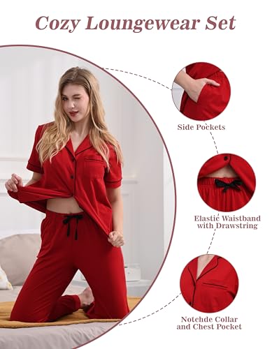 Image of NAP BOUND 100% Cotton Women's Pajama Sets Short Sleeve Button Down Soft Pjs 2 Piece Lounge Set with Pocket Nightwear XS-XXL