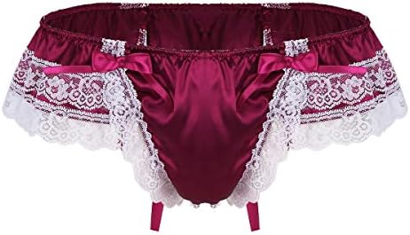 inlzdz Men's Shiny Satin Layers Floral Lace Bikini Briefs Sissy Pouch Panties Underwear Wine_Red X-Large