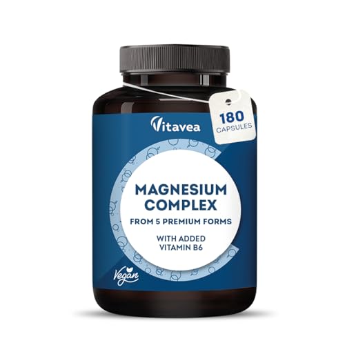 Magnesium Complex 400mg - 5 Forms of Magnesium (Bisglycinate Citrate Oxide Carbonate Liposomal) + Vitamin B6 - High Absorption - Energy Muscles Fatigue Nervous System - 180 Capsules vitavea