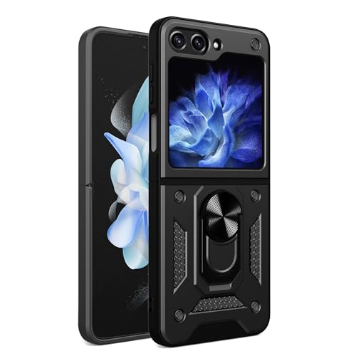 RKINC Samsung Galaxy Z Flip 5�p�P�[�X �X���C�h�J�����J�o�[&��]�����O�L�b�N�X�^���h�t�� �~���^���[�O���[�h �ϏՌ� ���C�J�[�}�E���g�z���_�[�J�o�[�t���A�u���b�N