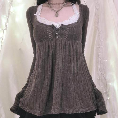 Women Y2K Babydoll Sweater Flare Hem Fairycore Shirt Blouse Long Sleeve Scoop Neck Sweet Cute Knit Top 2000s2