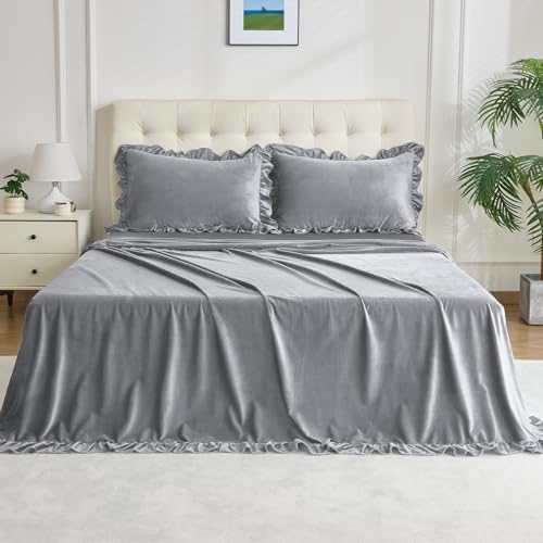 Image of Velvet Plush Flannel Sheet Set - Full Size 4-Piece - Ruffled Edge Design, 16 Inch Deep Pocket, Anti-Pilling & Fade Resistant - 220 GSM Breathable Luxury All-Season Bedding, Gray