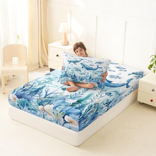 Image of jejeloiu Sea Animal Bed Sheets Set Twin Size Whale Turtle Fish Bed Set for Kids Boys Girls The Sea Marine Animal Deep Pocket Fitted Sheet Summer Breathable Soft Lightweight Microfiber