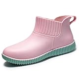 Women's PVC Ankle Rain Boots Fashion Comfortable Lightweight Waterproof Round Toe Garden Short Water Boots Non Slip Soft Flat Outdoor Work Ankle Rubber Rain Boots for City Farm Outdoors (Pink,8.5)