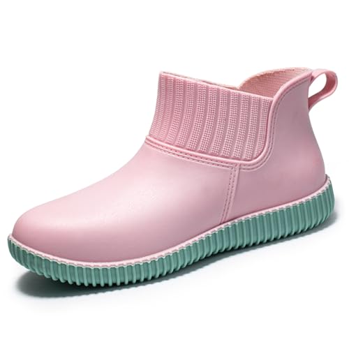 Women's PVC Ankle Rain Boots Fashion Comfortable Lightweight Waterproof Round Toe Garden Short Water Boots Non Slip Soft Flat Outdoor Work Ankle Rubber Rain Boots for City Farm Outdoors (Pink,8.5)