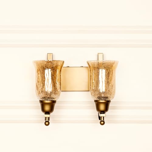 Image of Divine Trends Antique Brass Finish Double J Wall Light with Chimney Crackled Glass Golden Luster for Living Room, Bedroom, Home Decoration, Hotel Wall Lamp Pack of 1