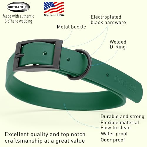 Image of Dogline Biothane Waterproof Dog Collar Strong Coated Nylon Webbing with Black Hardware Odor- Proof for Easy Care Easy to Clean High Performance Fits Small Medium or Large Dogs, Hunter Green