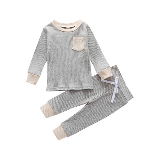 Toddler Unisex Baby Boy Girl Fall Winter Clothes Long Sleeve T-Shirt Tops+Trousers Two Piece Outfit Ribbed Set (A-Gray, 6-12 Months)