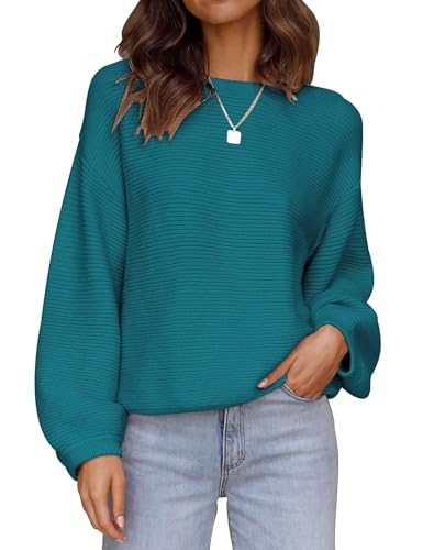 Image of ZESICA Women's Crew Neck Long Lantern Sleeve Fall 2026 Casual Loose Ribbed Knit Solid Soft Pullover Sweater Tops