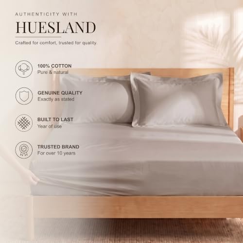 Image of Huesland 300 TC Premium 100% Pure Cotton Luxe Soft Touch Fitted Single Size Bedsheet Cotton with 2 Pillow Covers | Perfect Greige | 36 x 78 Inches