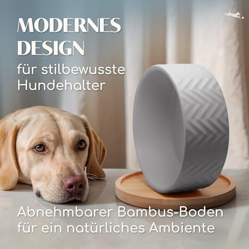 FREUDENTIER Hundenapf aus Keramik mit Bambus-Boden - 990ml - rutschfest & spülmaschinenfest - Moderner Futternapf/Fressnapf für Grosse Hunde & kleine Hunde - Näpfe Hund (Weiß, 1x)