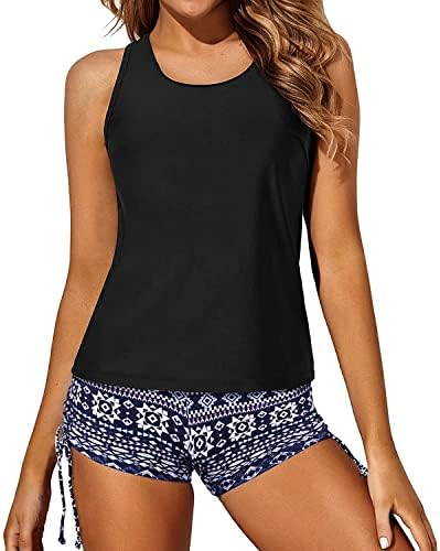 Yonique 3 Piece Tankini Swimsuits for Women Swim Tank Top Bathing Suits with Boy Shorts and Bra Athletic Swimwear Geometric XS