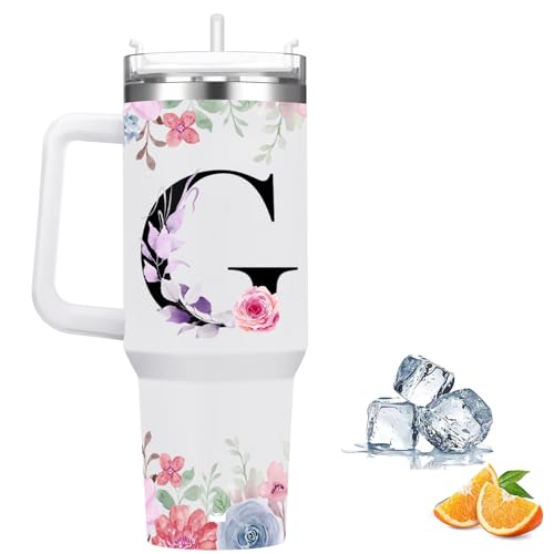 Thermobecher Personalisiert, Thermosbecher Kaffee to go Reisebecher mit Strohhalm,1.2l Edelstahl Trinkflasche Für Kohlensäurehaltige Getränke,Stylische Monogramm,Geschenke für Frauen und Männer(G)