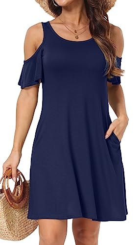 Image of Short /Long Sleeve Women's Cold Shoulder Dress with Pockets Casual Swing T-Shirt Dresses