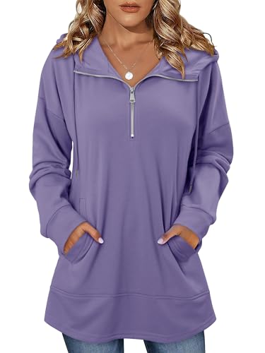 onlypuff Women Hoodie Pullover Trendy Quarter Zipper Lapel Sweatshirts Drawstring Cute Hooded Tunic Tops with Side Pockets