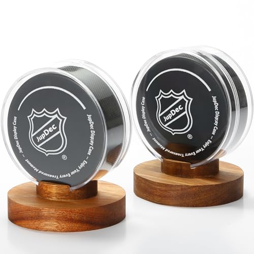 Image of JupDec Hockey Puck Display Case Acrylic Clear Holder with Wood Base, Autograph Souvenir Display Stand, Perfect Showcase for Your Collection, Brown, 2 Pack