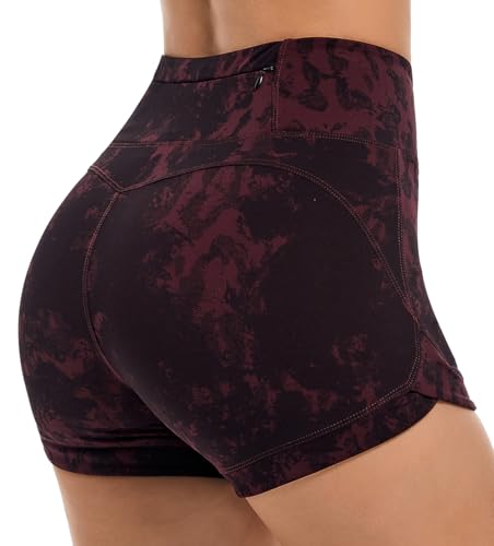 vdbm Women's High Waist Yoga Shorts Tummy Control Fitness Gym Biker Shorts Butt Lifting Athletic Workout Running Shorts Wine Camo M