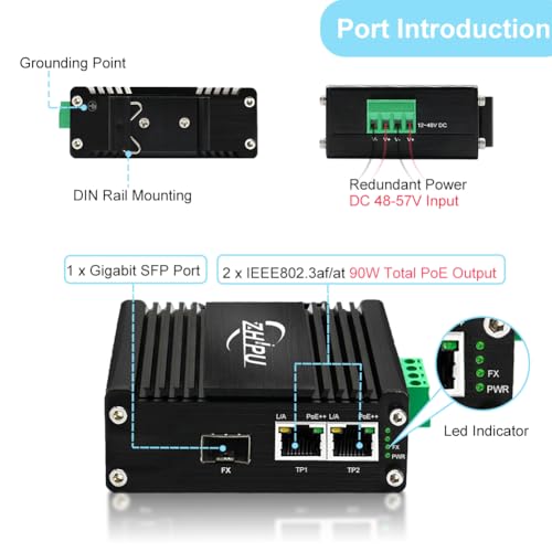 Image of Industrial Gigabit Fiber PoE Media Converter, DC48-57V PoE Output 90W, IEEE802.3af /at /bt 30W Fiber Switch 1 SFP 2 RJ45 Ports, 10 /100 /1000Base-T
