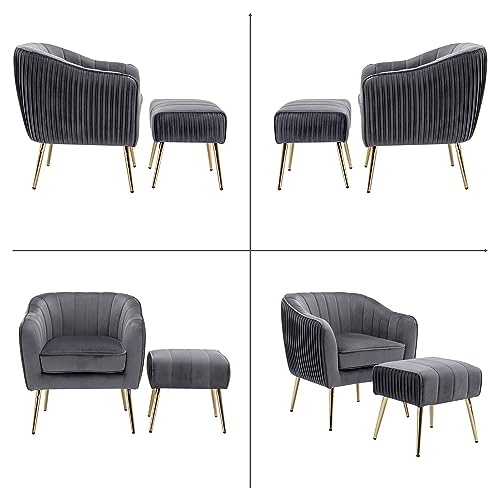 Goolon Accent Chair With Ottoman Velvet Accent Chair Line Tufted Arm Chair Upholstered Living Room Accent Chair With Round Back Armrest Square Ottoman Golden Metal Legs For Reading Bedroom Grey #TOP6