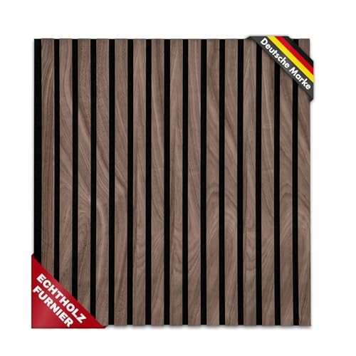 Floordirekt 3D Akustikpaneele, Wandpaneele mit Echtholzfurnier für eine angenehme Raumakustik, Lamellenwand Holz und Filz, Wandverkleidung als Schallschutz, Schalldämmung (Black Walnuts (60 x 60 cm))