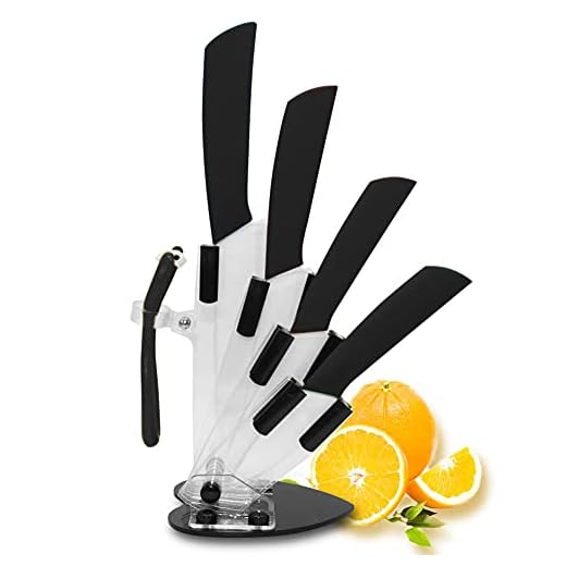 5-Pieces Ceramic Knife Set,Sharp Ceramic Knife with Block Stand,Steak Knife,Black Kitchen Knives With Anti-Slip handle,Includes 6"Chef Knife,5"Utility Knife,4"Vegetable Knife,3"Bread Knife,1"Peeler