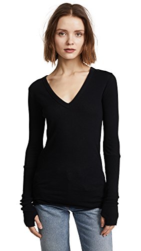 Enza Costa Women’s Cashmere Blend Cuffed V-Neck Top with Thumbholes