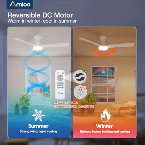 Image of Amico Ceiling Fans with Lights, 52 inch Low Profile Ceiling fan with Light and Remote Control, Flush Mount, Reversible, 3CCT, Dimmable, Noiseless, White Ceiling Fan for Bedroom, Indoor /Outdoor Use