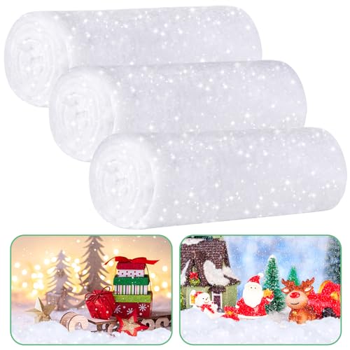 Aweyka Christmas Snow Blanket Roll Glitter Snow Blanket Fake Snow Blankets for Christmas Village Artificial Snow Carpet Artificial Snow Blanket Fluffy Fake Snow for Xmas Decoration(3 Pack,1.3 x 5 Ft)
