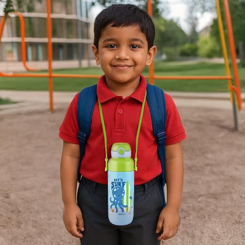 Image of Milton Steel Indus 600 Thermoware PU Insulated, 500 ml Water Bottle with Straw for Kids, Leak Proof Flip Top Sipper Lid Bottle, School, Picnic, Easy to Carry Belt, Sky Blue