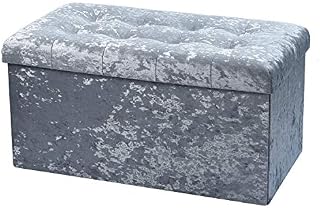 Large Fold Flat Ottoman Storage - Silver Velvet Velour Finish - Extra Thick Comfortable Padded Seat - 76cm (L) x 38cm (W) x 38cm (H)