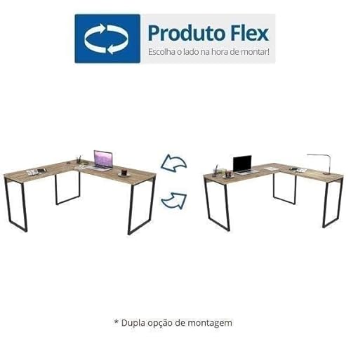 Mesa de Escritório em L Estilo Industrial 1,50mx1,50m Kuadra Compace Carvalho