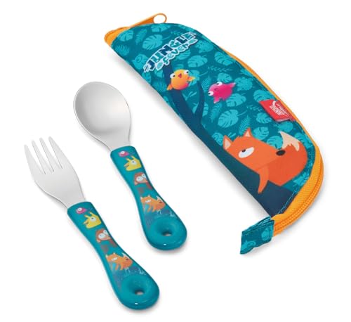 Maped - Posate per bambini con custodia Jungle Fever - Cucchiaio e forchetta ergonomici - Facile presa - Lavabile in lavastoviglie - Custodia lavabile