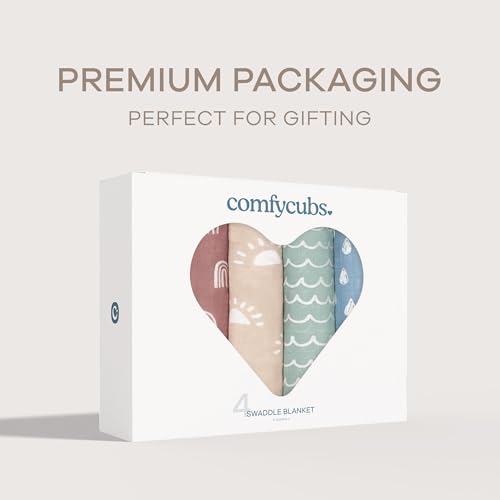 Image of Comfy Cubs Muslin Swaddle Blankets Pack of 4, 47 x 47 Inches, Soft Cotton Baby Blanket Set, Large Multipurpose Swaddling Wraps for Newborns - Self-Soothing Swaddle - Sun, Rainbow, Rain, Doodle